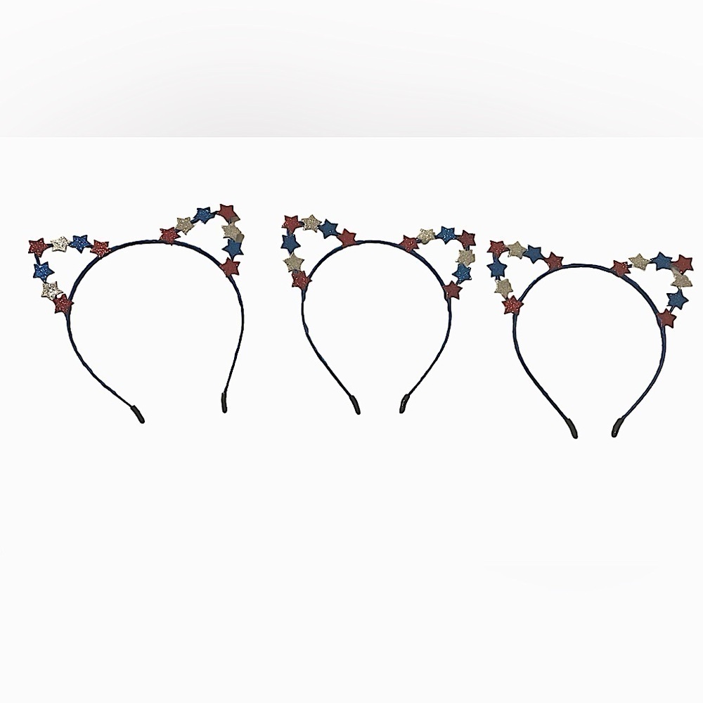 4th of July Patriotic Red & Blue Glitter Stars Cat Ears Headband 3pc